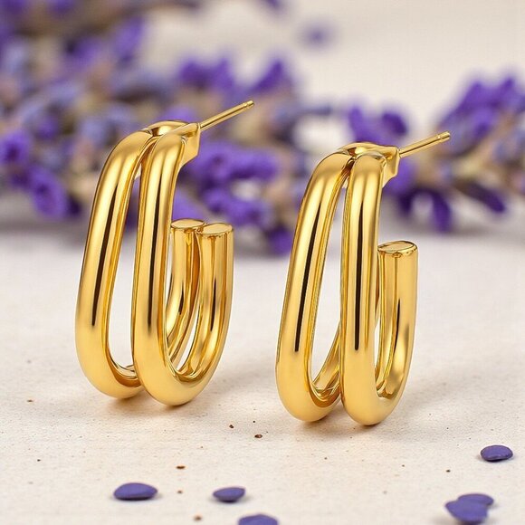 🆕️Minimalist Double C-Hoop Earrings - 18K Gold Plated Stainless Steel Earrings✨ - Picture 1 of 14